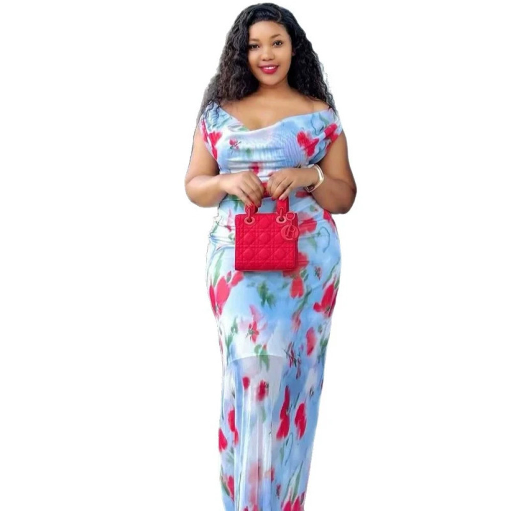 African Style Sexy Off Shoulder Print High Waist Bodycon Maxi Dress